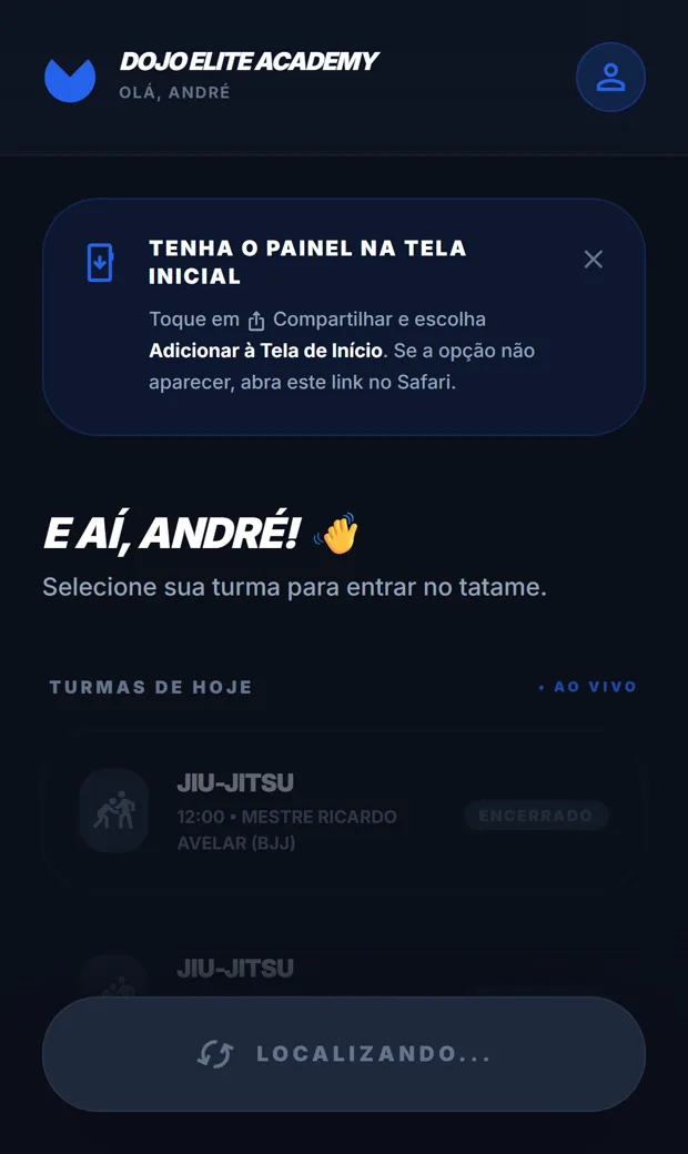 App do aluno no celular: turmas de hoje e localização para o check-in