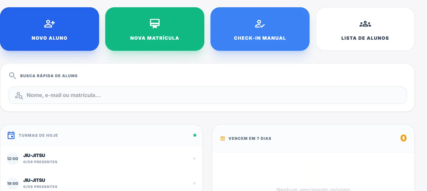 Tela da recepção do Dojo Gestor, com novo aluno, nova matrícula, check-in manual e turmas de hoje